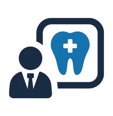 The image depicts a graphic icon with a stylized dental care theme, featuring a tooth and a smiley face, set against a blue background with a white border. Accompanying the icon are two figures on the left, there s a silhouette of a person wearing a suit, and on the right, there is an icon representing a doctor or medical professional. The overall design suggests a connection to dental health services or a dental clinic.