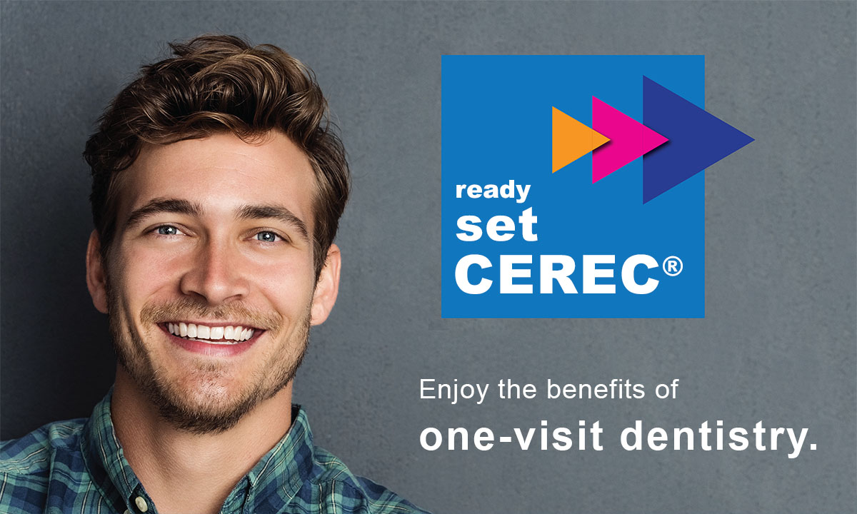 The image features a man with a beard smiling at the camera, standing against a blue background with the text READY SET CEREC prominently displayed above him, and an advertisement for dental implants below him that includes a logo and the phrase OR REPLACE VISIT DENTISTRY. The overall style of the image suggests it is an advertisement for a dental service.