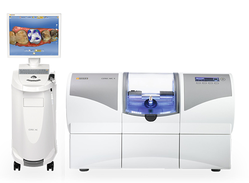 The image shows a display of advanced dental equipment, including a high-tech digital scanner and a computer monitor, with a focus on modern dental technology.